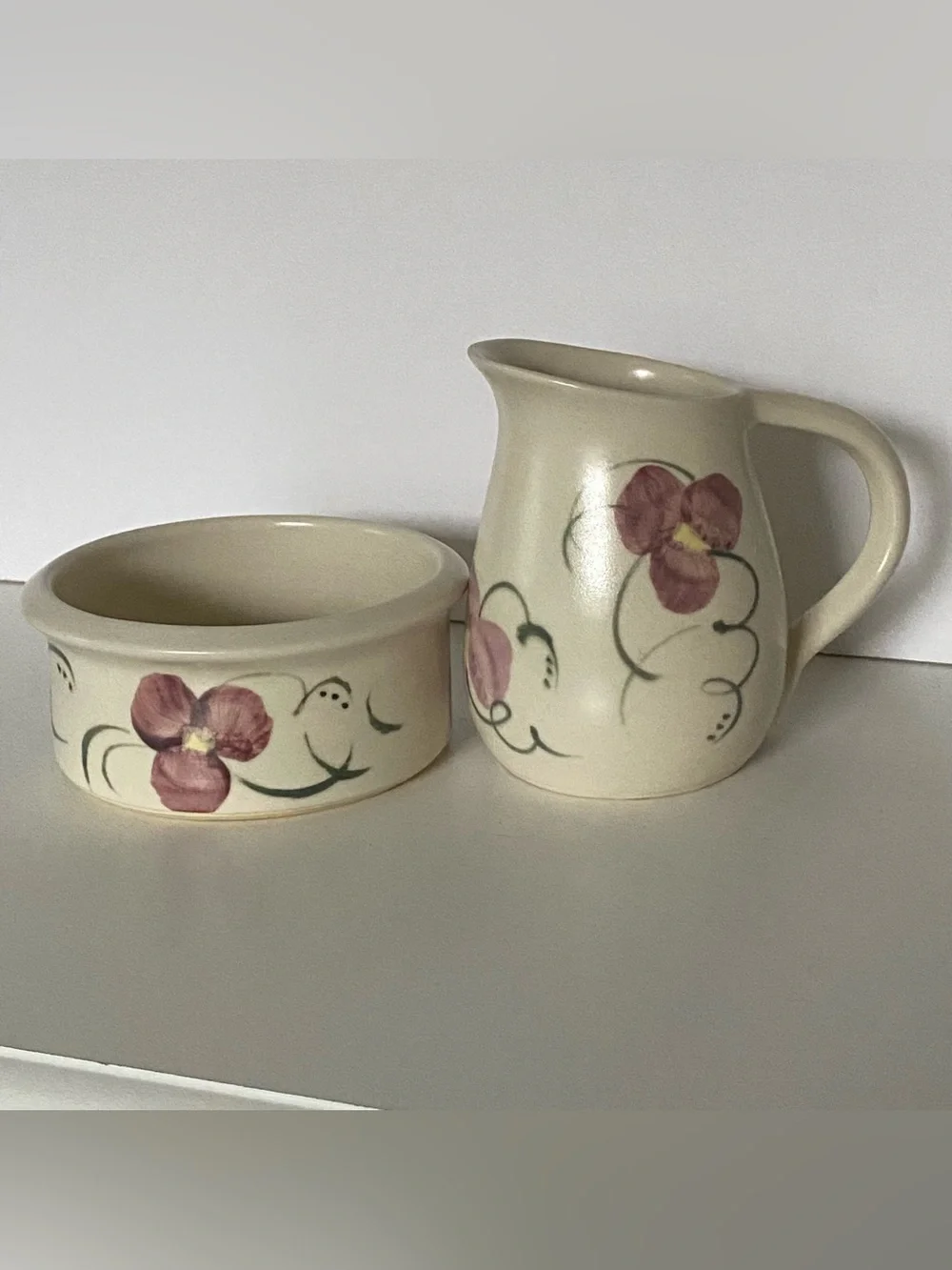 Creamer and Sugar Bowl Vintage Hand Thrown Pottery Hand Painted Signed floral